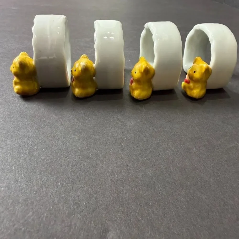 Set of 4 Vintage Ceramic Teddy Bear Napkins Rings, Country, Kitsch, Cozy